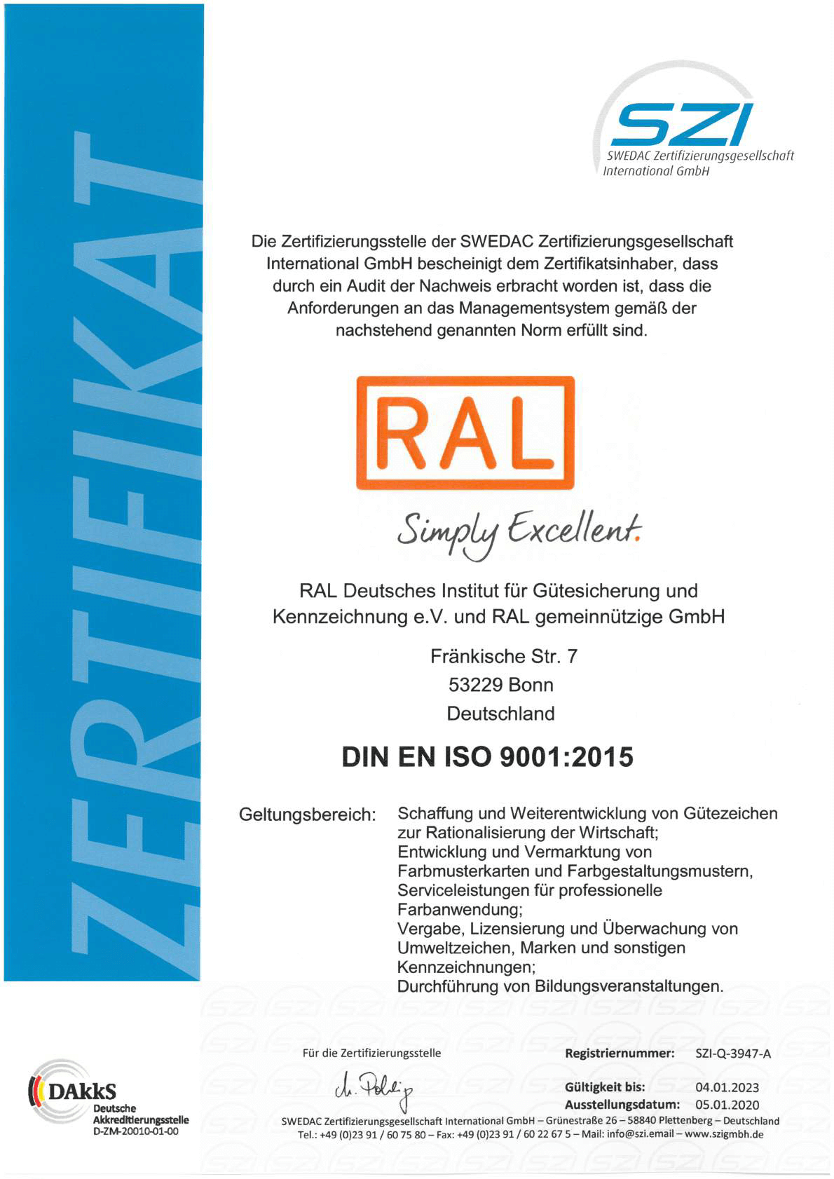 DIN ISO 9001:2015-Zertifikat von RAL